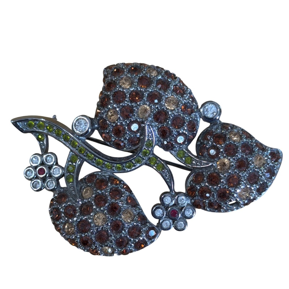 Vintage Style Amber Crystal Leaf and Flower Brooch Gunmetal Tone Pin 572